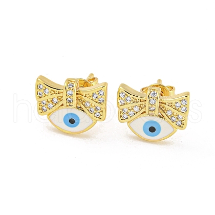 Bowknot with Evil Eye Real 18K Gold Plated Brass Stud Earrings EJEW-L269-105G-02-1