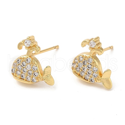 Rack Plating Brass Whale Stud Earrings with Cubic Zirconia EJEW-D061-42G-1