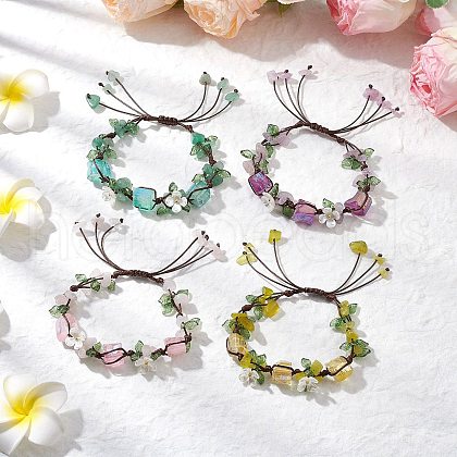 4Pcs Electroplated Natural Natural Rose Quartz & Amethyst & Green Aventurine Olive Jade Chip Bead Braided Bead Bracelets for Women BJEW-TA00610-1