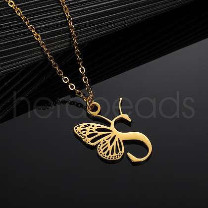 304 Stainless Steel Butterfly Initial Pendant Necklaces WG80197-19-1