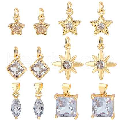 BENECREAT 12Pcs 6 Styles Brass Cubic Zirconia Pendants KK-BC0013-60-1