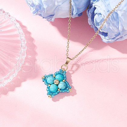 Dyed Natural Deep Sky Blue Quartz & Glass Seed Beaded Star Pendant Necklaces NJEW-MZ00108-01-1