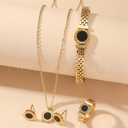 Flat Round Roman Numerals 304 Stainless Steel with Acetic Acid Pendant Necklace & Stud Earrings & Bangles & Rings FS-WGD711C-05-1