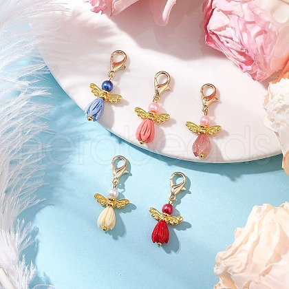 Glass Pearl & Resin Flower Rose Angel Pendant Decorations HJEW-JM03121-01-1