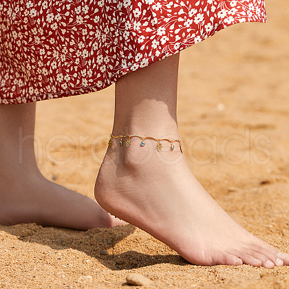 Bohemian Brass & Resin Light Blue Evil Eye & Hamda Hand Tassel Anklets AJEW-Z046-01G-1