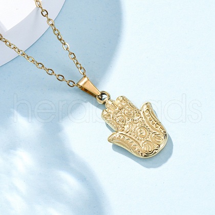 Hamsa Hand 304 Stainless Steel Pendant Necklaces NJEW-H059-01G-1