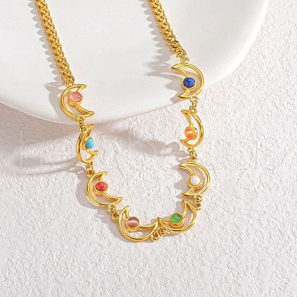 Bohemian 304 Stainless Steel & Dyed Colorful Synthetic Turquois Link Chain Necklaces for Women NJEW-M100-02G-04-1