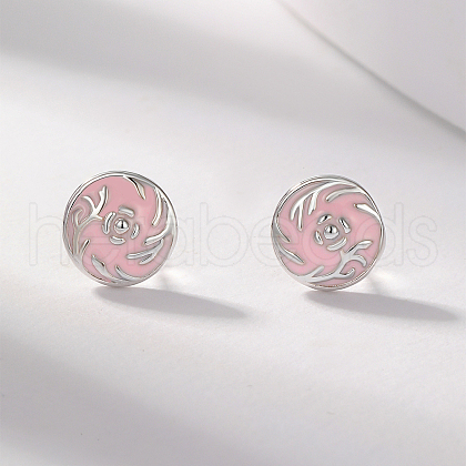 S925 Sterling Silver Flat Round with Flower Pattern Stud Earrings XR5943-2-1