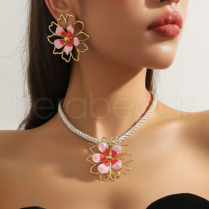 Flower Alloy Enamel Pendant Collar & Stud Earrings Sets FS-WGCE290-02-1