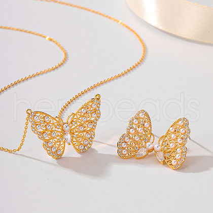 Butterfly Brass Micro Pave Clear Cubic Zirconia Stud Earrings & Pendant Necklaces Sets ZI6473-1
