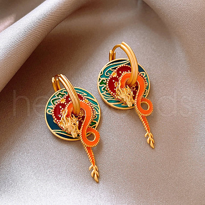 Dragon & Flat Round & Flower Brass Enamel Hoop Earrings FS-WGDA516-01-1