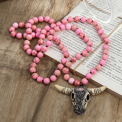 Bohemian Style Cattle Head Resin & Rhinestone Pendant Dyed Natural Imperial Jasper Round Beaded Necklaces for Women FS-WGF22A5-03-1