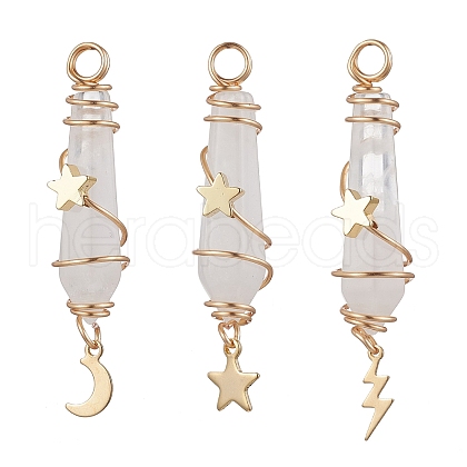3Pcs 3 Styles Natural Quartz Crystal Pointed Copper Wire Wrapped Faceted Bullet Big Pendants PALLOY-JF03572-01-1