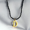 304 Stainless Steel Initial Pendant Black Glass Faceted Round Beaded Pendant Necklaces for Women FS-WGC61DE-04-1