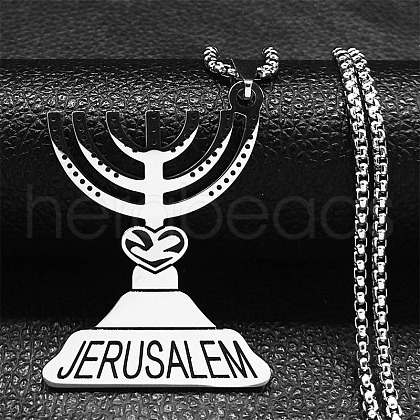 304 Stainless Steel Menorah Pendant Necklaces for Hanukkah NJEW-H065-21P-1
