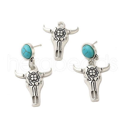 Synthetic Turquoise & Cattle Alloy Pendant Studs Earrings Sets SJEW-K002-04-1