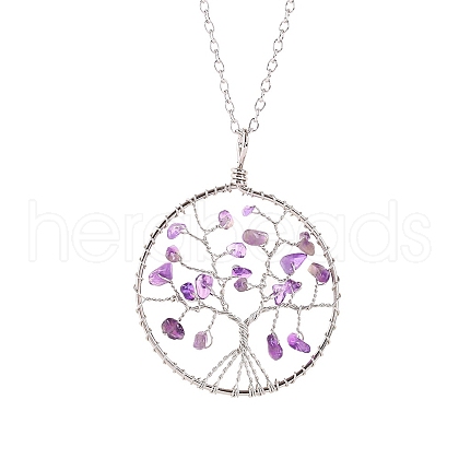 Natural Rose Quartz Chips Beaded Tree of Life Pendant Necklaces PW-WG63202-03-1