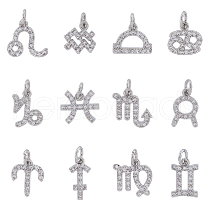 HOBBIESAY 12Pcs 12 Style Brass Micro Pave Cubic Zirconia Charms KK-HY0003-50-1