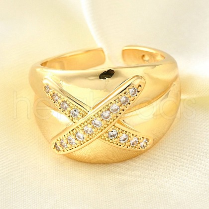Brass Micro Pave Cubic Zirconia Adjustable Open Cuff Rings for Women RJEW-K292-11G-1