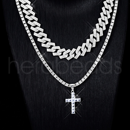 2Pcs Cross Zinc Alloy Clear Cubic Zirconia Pendant Double Layer Necklaces for Women Men FS-WG0C5CD-02-1