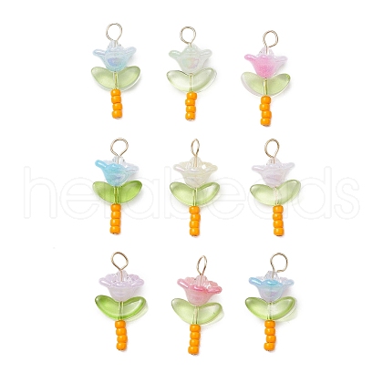 Glass Seed Beads with Imitation Austrian Crystal Beads and 304 Stainless Steel Flat Head Pins and Handmade Lampwork Beads and Iridescent Acrylic Bead Caps Pendants PALLOY-JF03485-02-1