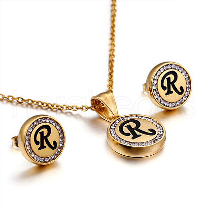 Flat Round with Letter Pattern 304 Stainless Steel Crystal Rhinestone Pendant Necklace & Stud Earring FS-WG33EDD-18-1