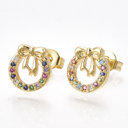 Brass Micro Pave Cubic Zirconia(Random Mixed Color) Ear Studs EJEW-S201-93-1