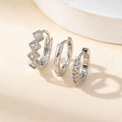 3Pcs Rhombus Brass Micro Pave Clear Cubic Zirconia Hoop Earrings FS-WGCAD1D-02-1
