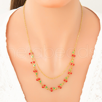 304 Stainless Steel Red Enamel Cherry Link Chain Double Layer Necklaces for Women NJEW-D321-01G-1