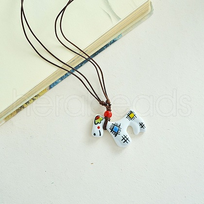 Porcelain Pendant Adjustable Imitation Leather Cord Necklaces for Women FS-WGE6687-05-1