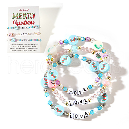 3Pcs Christmas Theme Handmade Polymer Clay & Glass Bicone Beads Stretch Bracelet Sets QY3550-8-1