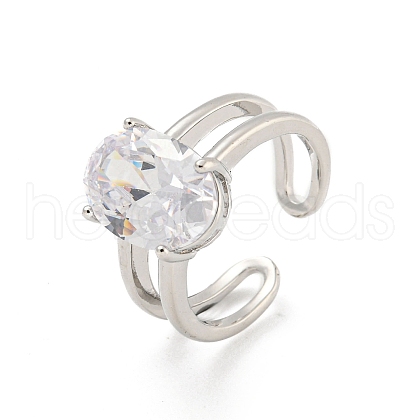 Mother's Day Rings Oval Brass Micro Pave Clear Cubic Zirconia Open Cuff Rings RJEW-G309-37P-1