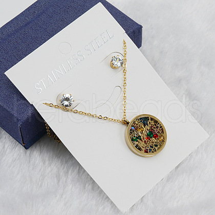 Mother's Day Flat Round with Flower & Word Mama Stainless Steel with Cubic Zirconia Pendant Necklaces & Stud Earring Sets WG8ED63-01-1