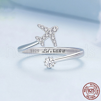 Airplane & Flower Rhodium Plated 925 Sterling Silver Micro Pave Clear Cubic Zirconia Cuff Rings for Women FS-WGB9FE4-02-1