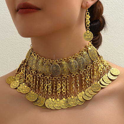 Alloy Coin Tassel Pendant Necklaces & Dangle Earrings Sets FS-WG2882A-01-1