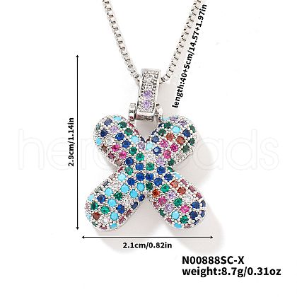 Brass Pave Colorful Cubic Zirconia Letter Pendant Box Chain Necklaces NU0575-45-1