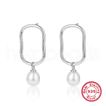 Anti-Tarnish Rhodium Plated 925 Sterling Silver Oval Dangle Stud Earrings KR9373-1-1
