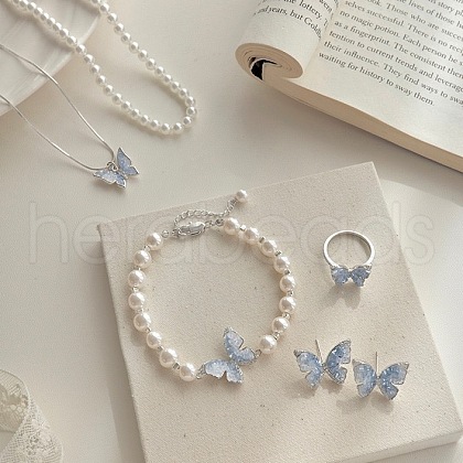 Butterfly Alloy & Kyanite & Plastic Pearl Pendant Necklaces & Stud Earrings & Link Bracelets & Rings Sets FS-WG8099C-01-1