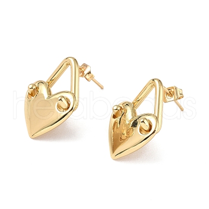 Brass Heart Padlock Stud Earrings for Women EJEW-P214-16G-1