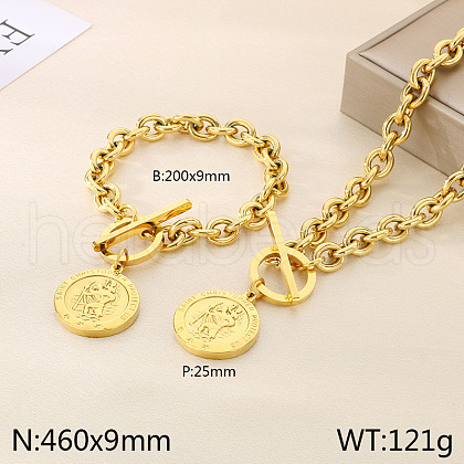 Flat Round 304 Stainless Steel Pendant Necklaces & Charm Bracelets Sets FS-WG2A73C-06-1