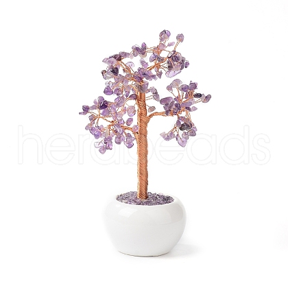 Mother's Day Natural Amethyst Chips with Brass Wrapped Wire Money Tree on Ceramic Vase Display Decorations DJEW-B007-02B-1