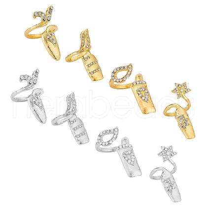   8 Pcs 4 Style Alloy with Rhinestone Fingernail Ring Finger Tip MRMJ-PH0001-59-1