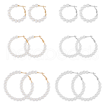 FIBLOOM 6 Pairs 6 Style Plastic Imitation Pearl Beaded Hoop Earrings with Iron Pins for Women EJEW-FI0002-10-1