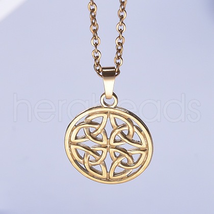 201 Stainless Steel Flat Round with Viking Knot Pendant Necklaces for Women Men FS-WGDB207-02-1