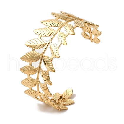 Stainless Steel Hollow Leaf Open Cuff Bangles for Women BJEW-G719-14G-1