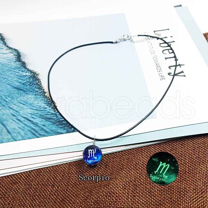 Zinc Alloy & Luminous Blue Glass Flat Round with Constellation Pendant Black Waxed Cord Necklaces WG9F396-10-1