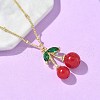 Brass Resin Fruit Cherry Pendant Satellite Chain Necklaces with Green Cubic Zirconia Leaf for Women NJEW-D306-03G-5