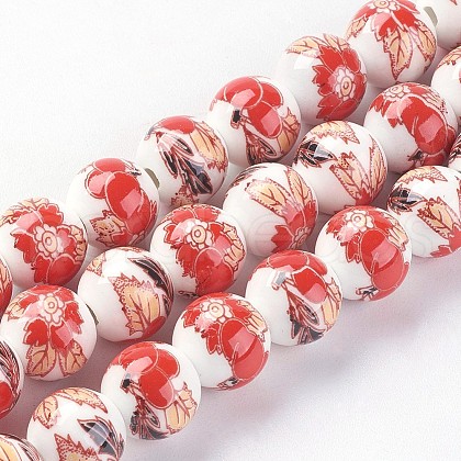 Handmade Flower Printed Porcelain Ceramic Beads Strands PORC-J006-A07-1