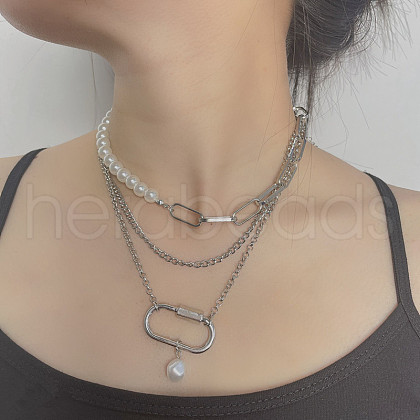 3Pcs Plastic Pearl Round Beaded & Alloy Oval Link Chain Pendant 3 Layer Necklaces for Women FS-WG4C125-02-1