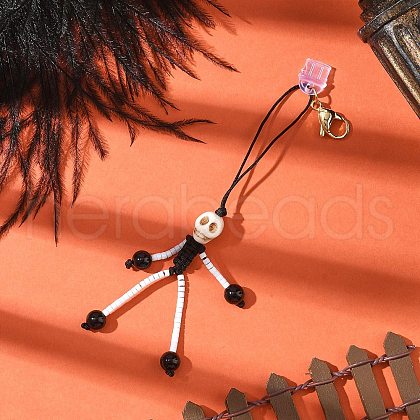 Halloween Theme Skeleton Glass Seed & Natural Black Onyx & Synthetic Turquoise Beaded Pendant Decorations HJEW-MZ00284-06-1